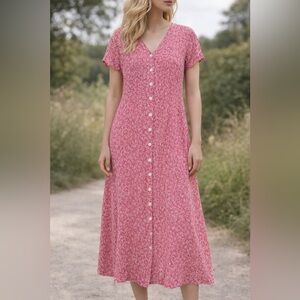 April Cornell Vintage Pink Floral Button Front Midi Dress XS Cottagecore